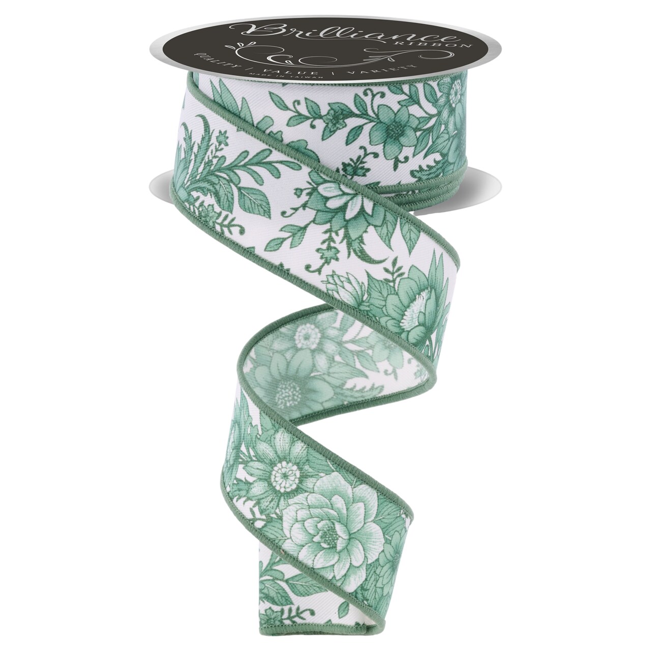 Brilliance 1.5" Chinoiserie Florals Wired Ribbon, 30' - Ivory, Sage Green - For Flower Pattern Bows, Wreaths, Gift Wrap, Crafts and Decorations